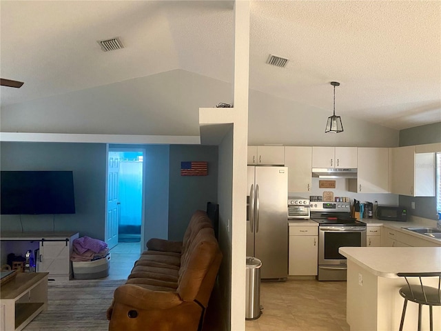 1602 Taylor Lake Cir, Largo, FL 33778 - kitchen with stainless steel appliances, under cabinet range hood, lofted ceiling, open floor plan, and a kitchen breakfast bar