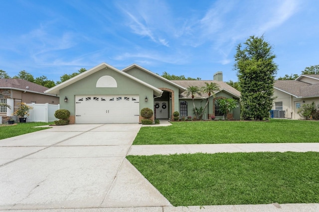 8549 Pinafore Dr, New Port Richey, FL 34653 - ranch-style home with a chimney, a garage, driveway, stucco siding, and central air condition unit