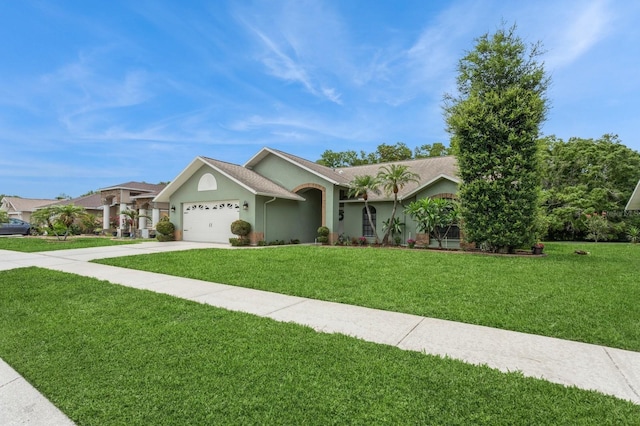8549 Pinafore Dr, New Port Richey, FL 34653 - ranch-style house featuring a garage, a front yard, concrete driveway, and stucco siding
