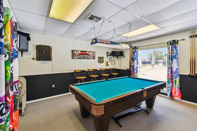 9142 Oakwood Ln, Seminole, FL 33776 - recreation room featuring a paneled ceiling, billiards, carpet, and baseboards
