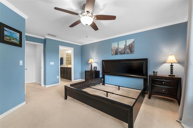 5153 Bay Isle Cir, Clearwater, FL 33760 - bedroom with baseboards, ornamental molding, carpet flooring, ceiling fan, and ensuite bathroom