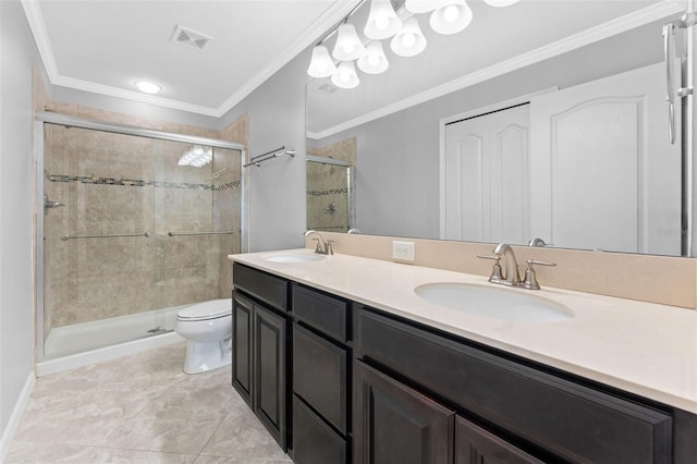 5153 Bay Isle Cir, Clearwater, FL 33760 - bathroom with toilet, a stall shower, double vanity, and crown molding