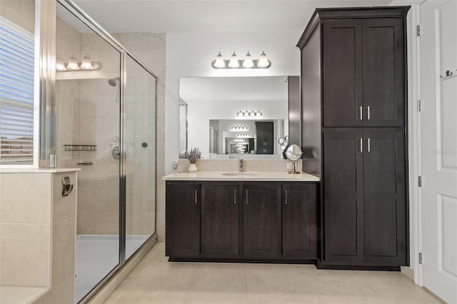 3541 Great Banyan Way, Wesley Chapel, FL 33543 - bathroom with a shower stall, vanity, and tile patterned flooring