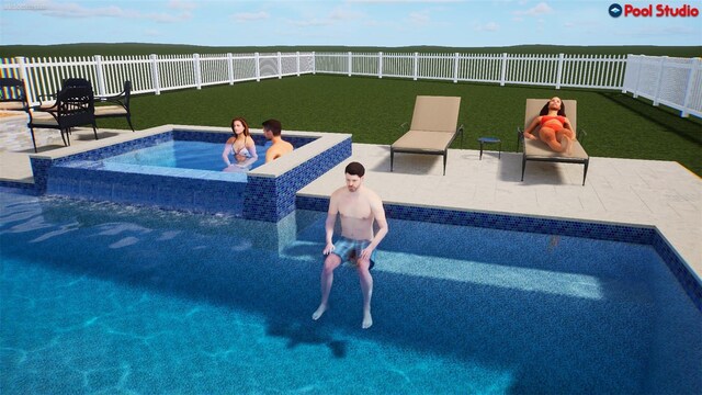 3541 Great Banyan Way, Wesley Chapel, FL 33543 - view of swimming pool featuring a fenced backyard, a patio, and a pool with connected hot tub