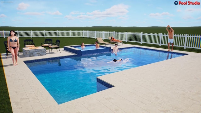3541 Great Banyan Way, Wesley Chapel, FL 33543 - view of swimming pool with a fenced backyard, a patio area, a fire pit, and a pool with connected hot tub