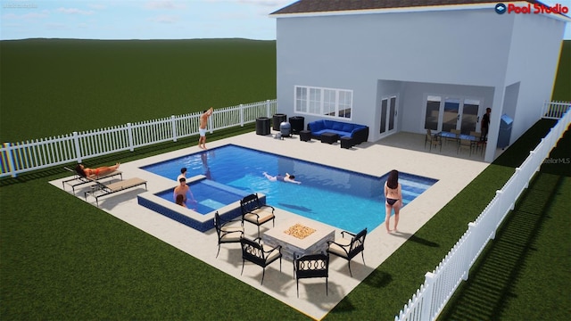 3541 Great Banyan Way, Wesley Chapel, FL 33543 - view of pool with an outdoor living space with a fire pit, a fenced backyard, a patio, and a jacuzzi