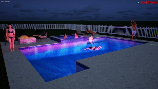3541 Great Banyan Way, Wesley Chapel, FL 33543 - pool at night featuring an in-ground hot tub, a fenced backyard, and a patio area