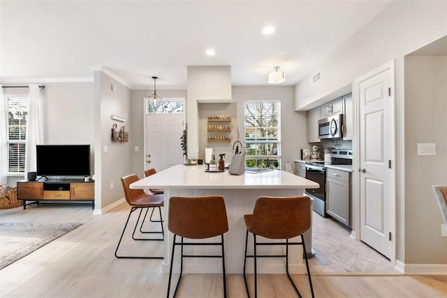 10412 White Lake Ct, Tampa, FL 33626 - kitchen with stainless steel appliances, baseboards, a kitchen breakfast bar, gray cabinets, and recessed lighting