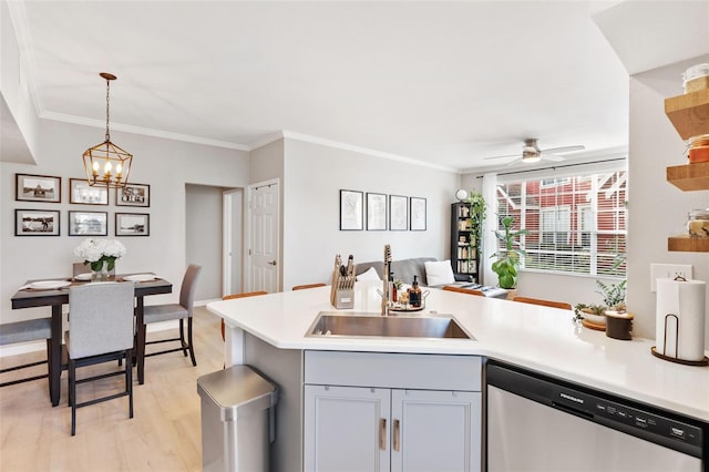 10412 White Lake Ct, Tampa, FL 33626 - kitchen featuring dishwasher, a sink, light countertops, a ceiling fan, and ornamental molding