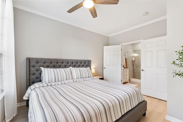 10412 White Lake Ct, Tampa, FL 33626 - bedroom with crown molding, connected bathroom, light wood-type flooring, baseboards, and a ceiling fan