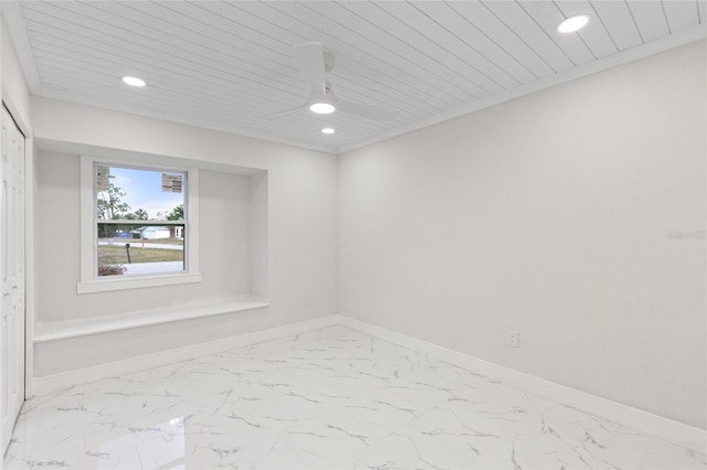 3552 Middletown St, Port Charlotte, FL 33952 - spare room featuring recessed lighting, marble finish floors, baseboards, wooden ceiling, and a ceiling fan