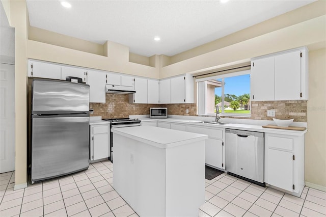 18219 Bittern Ave, Lutz, FL 33558 - kitchen with stainless steel appliances, under cabinet range hood, light countertops, tasteful backsplash, and white cabinets