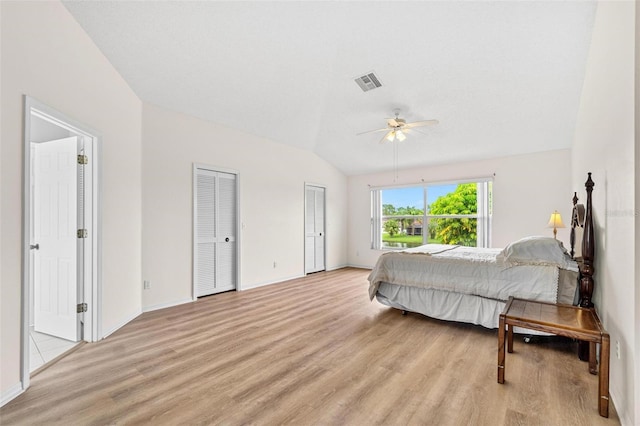 18219 Bittern Ave, Lutz, FL 33558 - bedroom with light wood-style flooring, vaulted ceiling, two closets, and ceiling fan