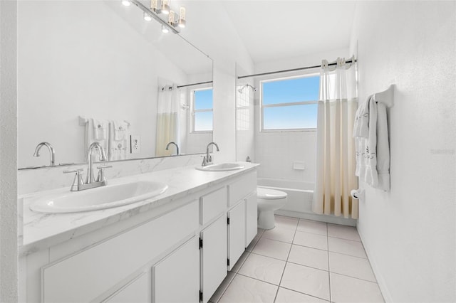 18219 Bittern Ave, Lutz, FL 33558 - bathroom with shower / bathtub combination with curtain, double vanity, and tile patterned floors