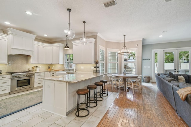 2522 W Watrous Ave, Tampa, FL 33629 - kitchen with high end stainless steel range oven, open floor plan, a breakfast bar, light stone counters, and white cabinetry