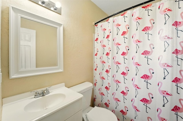 6941 58th Way N, Pinellas Park, FL 33781 - full bath featuring a textured wall, vanity, toilet, and a shower with curtain