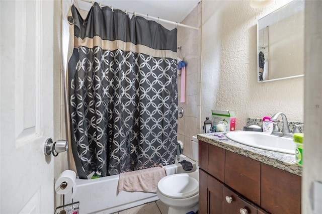 1799 Russell St S, Saint Petersburg, FL 33712 - bathroom featuring a textured wall, vanity, and shower / tub combo with curtain