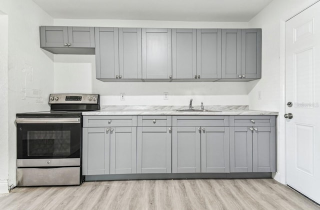 1807 E Bougainvillea Ave, Tampa, FL 33612 - kitchen featuring electric stove, gray cabinetry, and light wood-type flooring