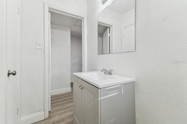 1807 E Bougainvillea Ave, Tampa, FL 33612 - bathroom featuring vanity, wood finished floors, and a textured wall