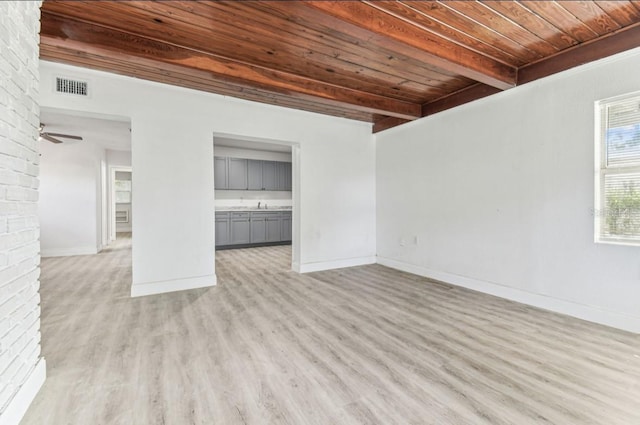 1807 E Bougainvillea Ave, Tampa, FL 33612 - unfurnished living room with a wood ceiling with exposed beams, light wood-style floors, and ceiling fan