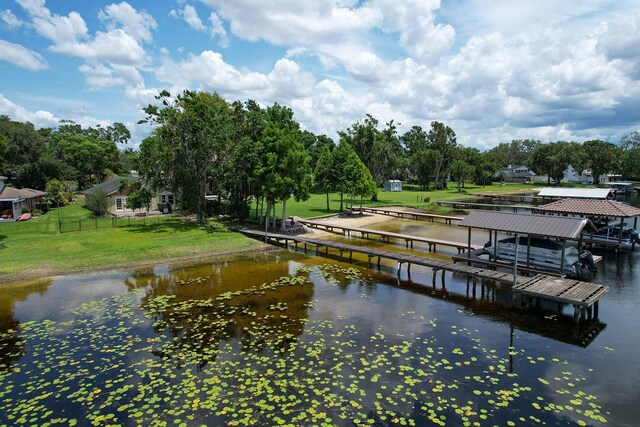 14808 Lake Magdalene Cir, Tampa, FL 33613 - dock featuring a water view, boat lift, and view of scattered trees