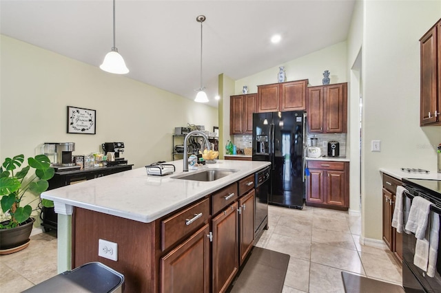 14206 Covert Green Pl, Riverview, FL 33579 - kitchen with a sink, black appliances, vaulted ceiling, decorative backsplash, and pendant lighting
