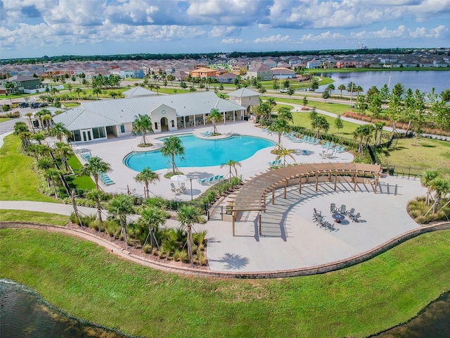 14206 Covert Green Pl, Riverview, FL 33579 - aerial view of residential area featuring a pool and a nearby body of water