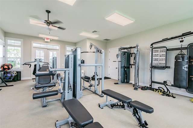14206 Covert Green Pl, Riverview, FL 33579 - gym featuring a ceiling fan, carpet floors, and baseboards