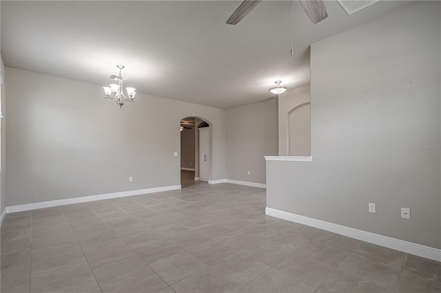 19974 Bluebird Meadow Dr, Lutz, FL 33558 - empty room featuring arched walkways, a chandelier, and ceiling fan