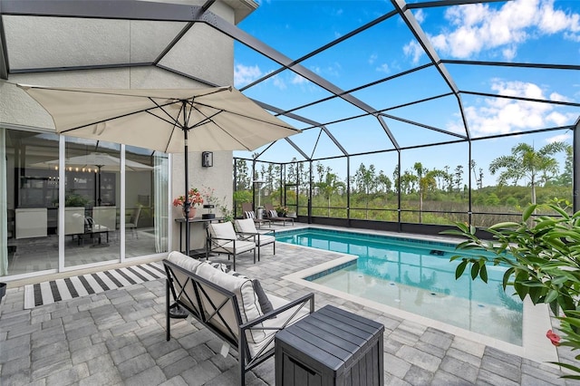 32490 Tree Of Life Ave, Wesley Chapel, FL 33543 - swimming pool with a patio, an outdoor living space, and a lanai