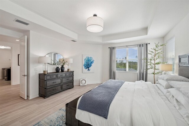 32490 Tree Of Life Ave, Wesley Chapel, FL 33543 - bedroom featuring a raised ceiling, multiple windows, light wood-style floors, and baseboards