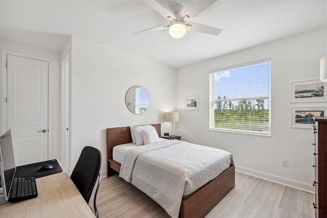 32490 Tree Of Life Ave, Wesley Chapel, FL 33543 - bedroom featuring light wood finished floors, baseboards, a desk, and ceiling fan