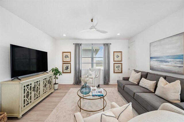 32490 Tree Of Life Ave, Wesley Chapel, FL 33543 - living room featuring light wood-type flooring, a ceiling fan, recessed lighting, and baseboards