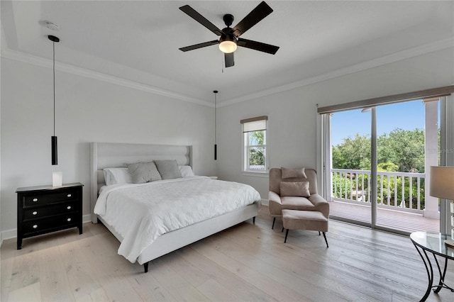 6512 Simone Shores Cir, Apollo Beach, FL 33572 - bedroom with crown molding, access to outside, light wood-type flooring, ceiling fan, and baseboards