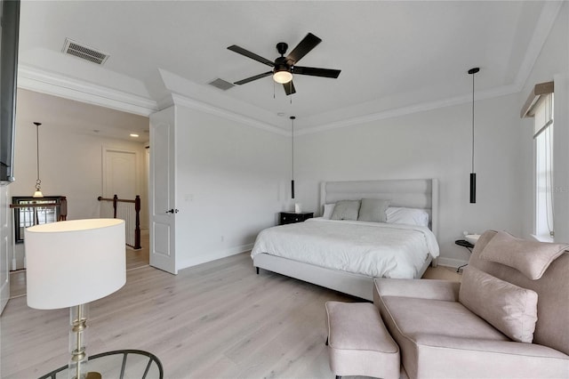 6512 Simone Shores Cir, Apollo Beach, FL 33572 - bedroom featuring baseboards, light wood-type flooring, crown molding, and a ceiling fan