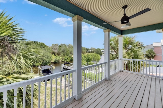 6512 Simone Shores Cir, Apollo Beach, FL 33572 - wooden deck featuring a water view and a ceiling fan