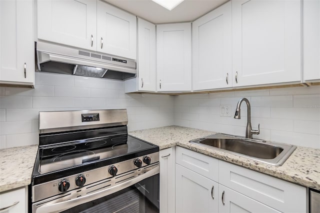 2699 Seville Blvd Unit 207, Clearwater, FL 33764 - kitchen featuring stainless steel electric range oven, under cabinet range hood, a sink, white cabinetry, and backsplash