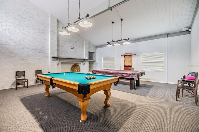 2699 Seville Blvd Unit 207, Clearwater, FL 33764 - game room featuring billiards table, high vaulted ceiling, carpet flooring, brick wall, and baseboards
