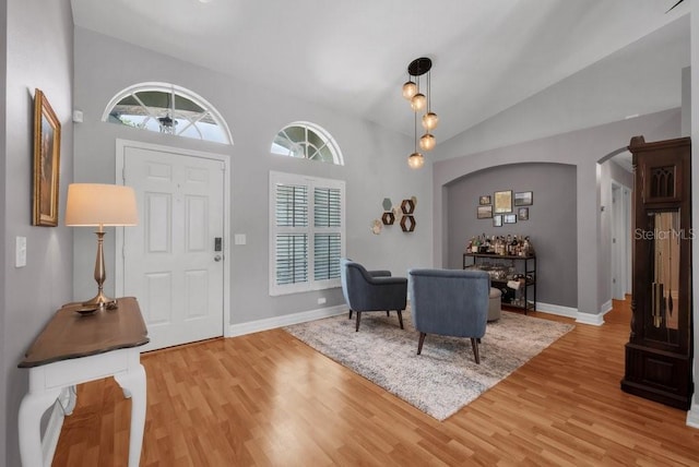 15309 Palomapark Ln, Lithia, FL 33547 - entrance foyer featuring arched walkways, light wood finished floors, healthy amount of natural light, lofted ceiling, and baseboards