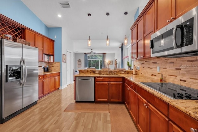 15309 Palomapark Ln, Lithia, FL 33547 - kitchen with appliances with stainless steel finishes, tasteful backsplash, light wood finished floors, a sink, and a peninsula
