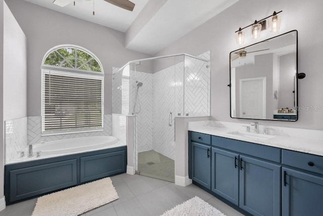 15309 Palomapark Ln, Lithia, FL 33547 - bathroom featuring vanity, a stall shower, a garden tub, and ceiling fan
