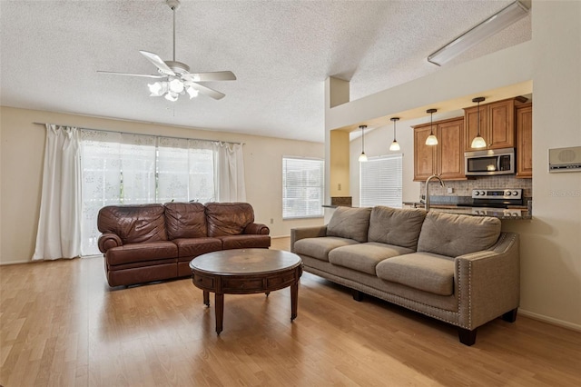 11638 Branch Mooring Dr, Tampa, FL 33635 - living area featuring light wood-style flooring, ceiling fan, a textured ceiling, and baseboards
