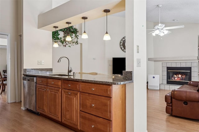 11638 Branch Mooring Dr, Tampa, FL 33635 - kitchen with stainless steel dishwasher, a sink, light wood-style floors, and open floor plan