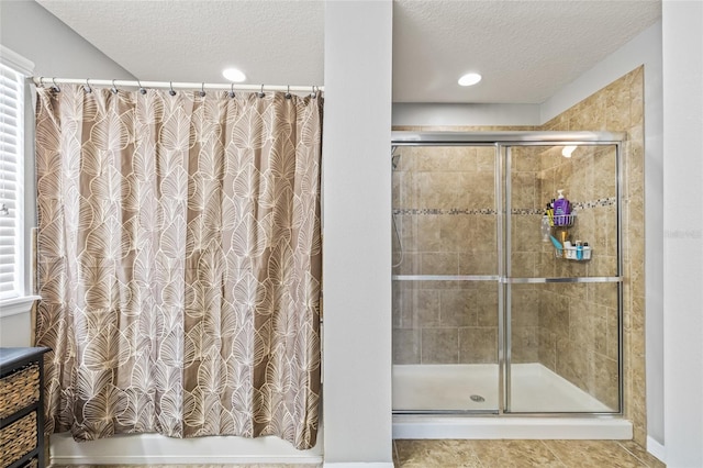 12244 Fairlawn Dr, Riverview, FL 33579 - full bath with a textured ceiling, tiled shower, and recessed lighting