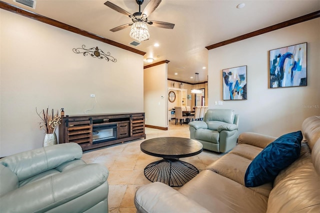 4400 English Turn Way, Wesley Chapel, FL 33543 - living area featuring ornamental molding, a ceiling fan, light tile patterned flooring, and baseboards