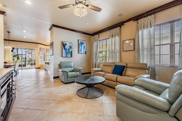 4400 English Turn Way, Wesley Chapel, FL 33543 - living room with crown molding, baseboards, ceiling fan, plenty of natural light, and recessed lighting