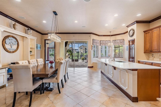 4400 English Turn Way, Wesley Chapel, FL 33543 - dining room with a chandelier, ornamental molding, light tile patterned floors, recessed lighting, and baseboards