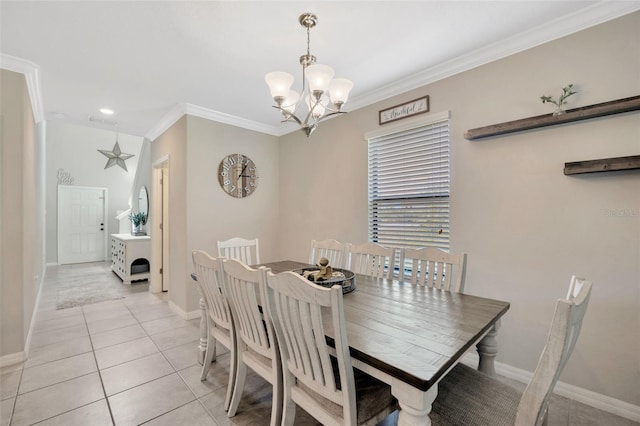 14716 Crescent Rock Dr, Wimauma, FL 33598 - dining area with a chandelier, crown molding, light tile patterned floors, baseboards, and recessed lighting