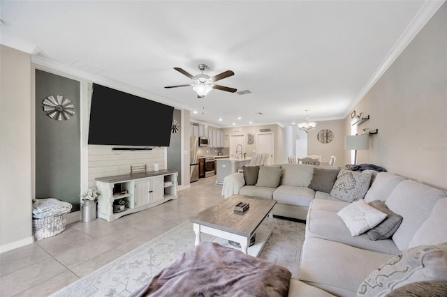 14716 Crescent Rock Dr, Wimauma, FL 33598 - living area featuring a chandelier, crown molding, light tile patterned floors, a ceiling fan, and recessed lighting