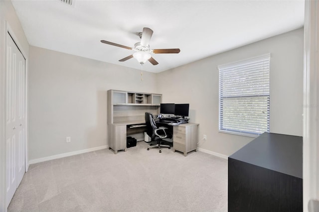 14716 Crescent Rock Dr, Wimauma, FL 33598 - office with a ceiling fan, baseboards, and light colored carpet
